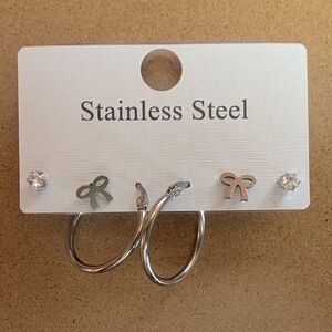 Stainless Steel Silver Bow Earrings Set